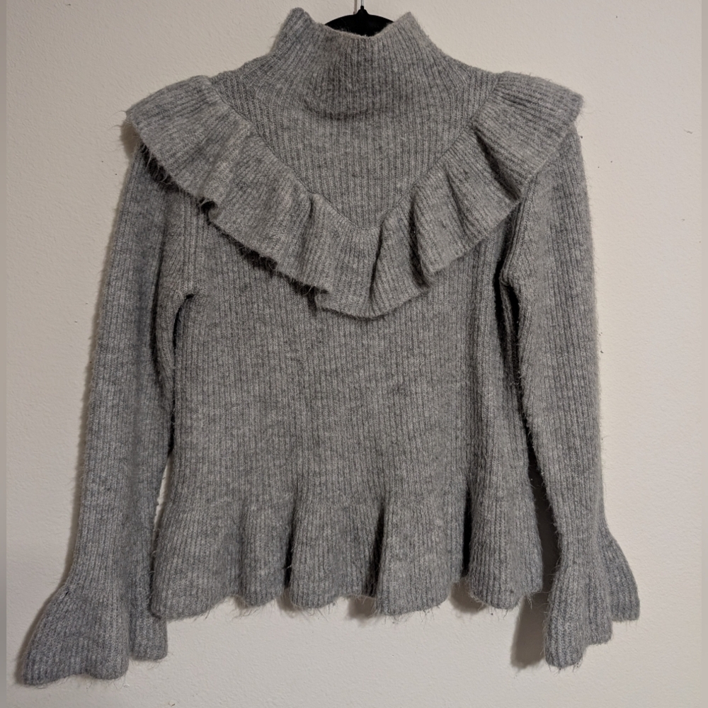 Cliché Ruffle Turtleneck Wool Blend Sweater Gray